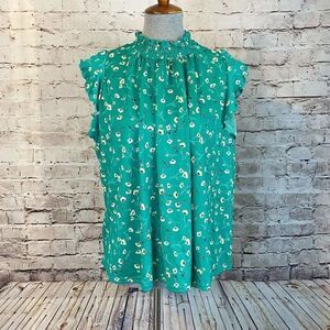 Melloday Green Floral High Neck Flutter Cap Sleeve Loose Fit Top Blouse Size XL